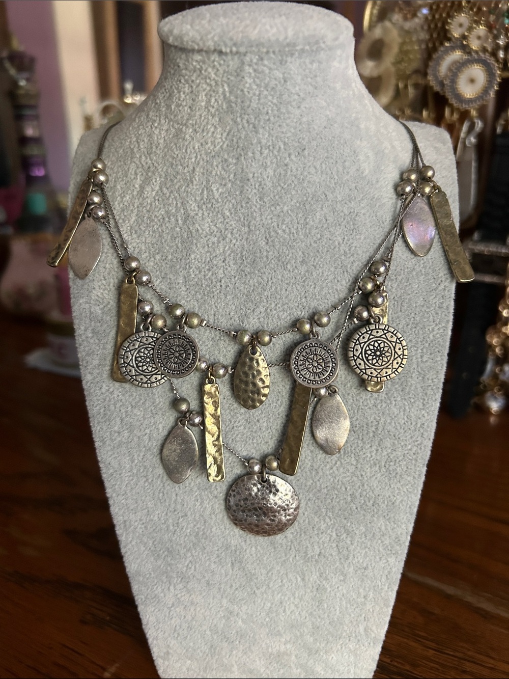 Boho Mixed Metal Charm Statement Necklace - Silver & Gold